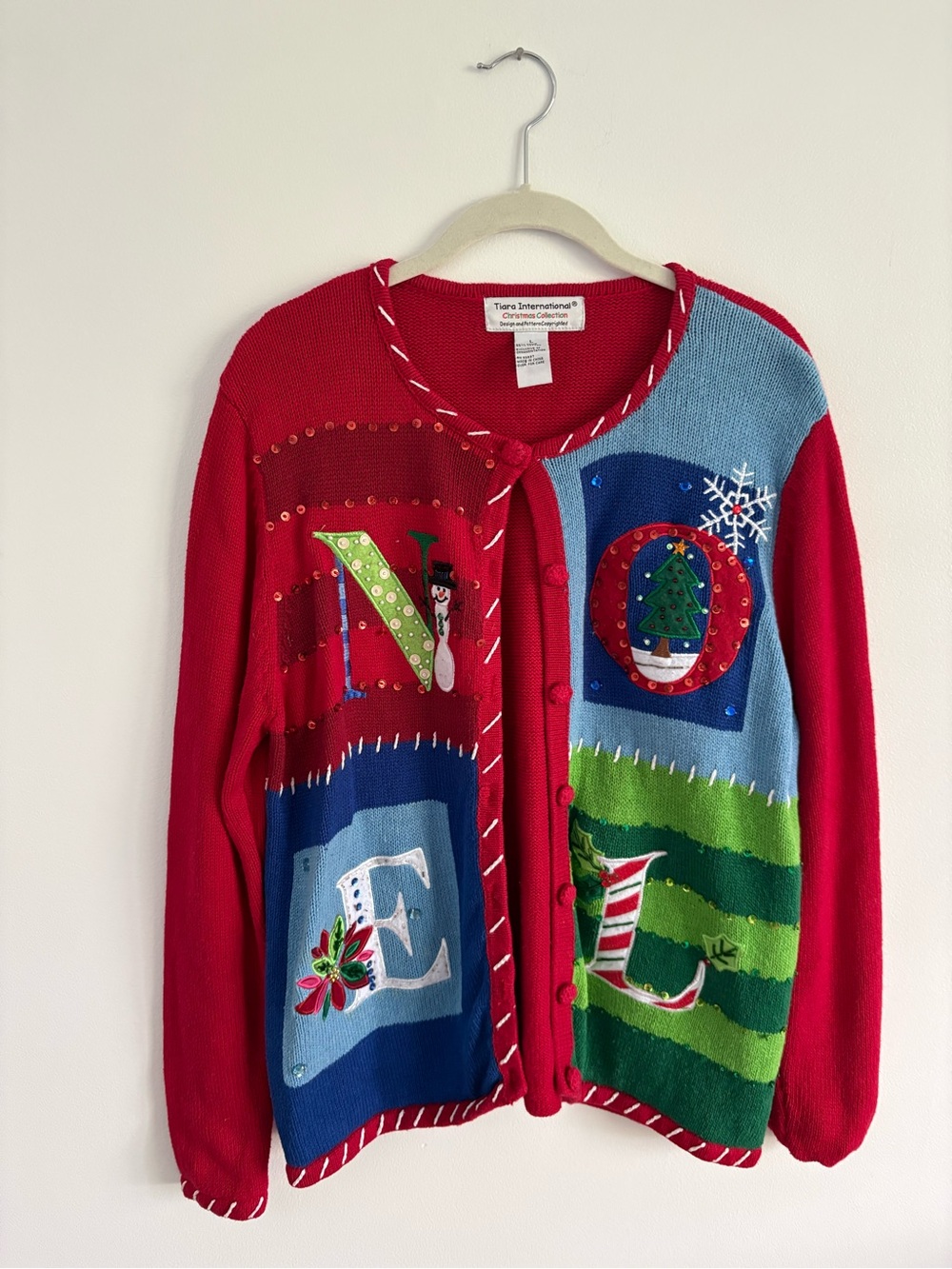 Tiara International Ugly Christmas Cardigan Sweater Noel Embellished Size Large